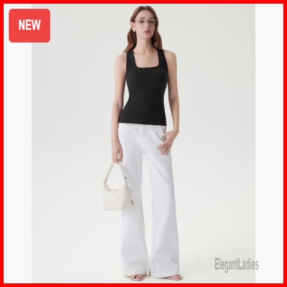 Padded Cotton Ribbed Tank Top Square Neck Racerback Basic - Picture 6 of 7